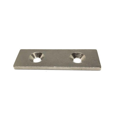 Metalen plaat 60x20x3 mm vernikkeld met verzonken gat als basis voor magneten
