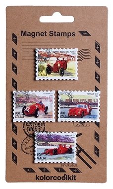 Magneet Postzegel, Italian Cars - set van 4 metalen postzegelmagneten